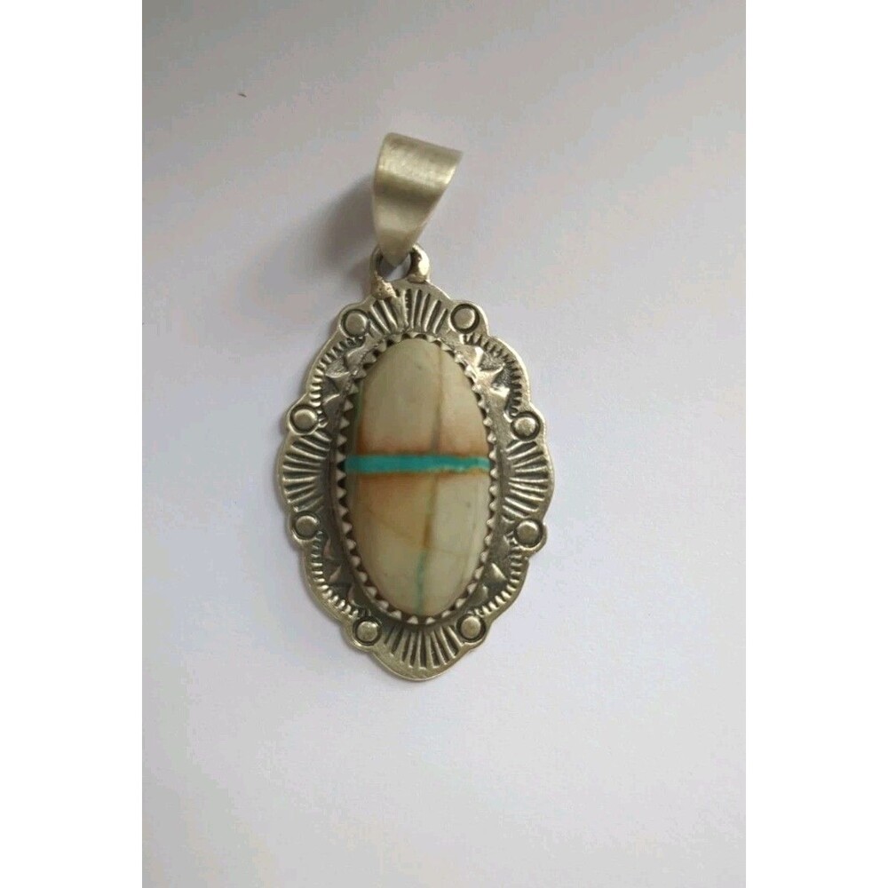 Sterling Silver Southwest Navajo Style White Buffalo Turquoise Pendant 925 -1.5 - Picture 2 of 13